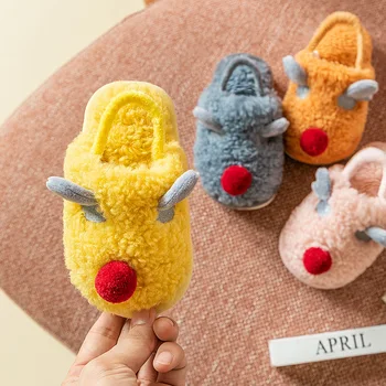 

Christmas Deer Elk Slippers Kids Cartoon Winter Boys Girl Slides Warm Plush Thick Flip Flop Indoor Shoes Home Children Slipper