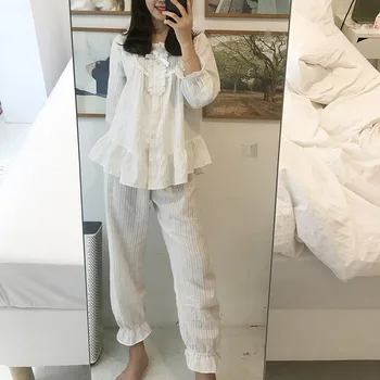 

lolita princess pajamas set women home clothes cute ruffles bow white pants pajamas suit long sleeve top sleepwear set Y043