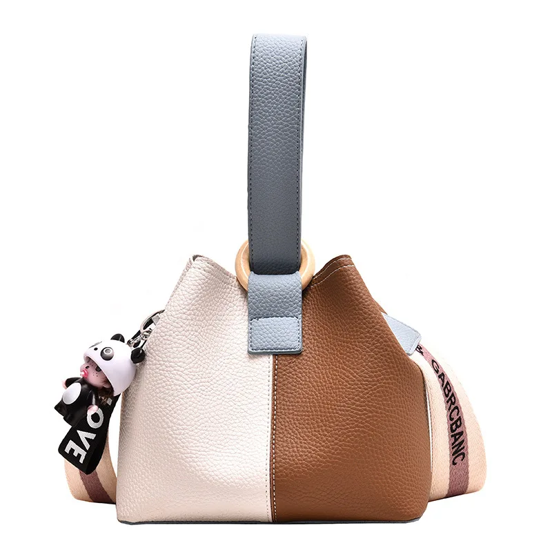 

2019 Summer New Style WOMEN'S Bag Bucket Bag Contrast Color Korean-style Versatile Wide-Strap Shoulder Handbag Large Capacity