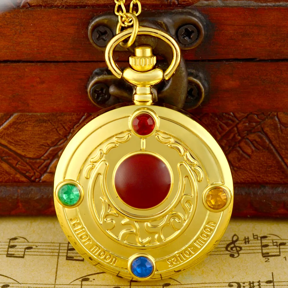Новая мода Сейлор Мун Кристалл Золото кварцевые карманные часы Шарм для мужчин женщин кулон ожерелье часы подарок