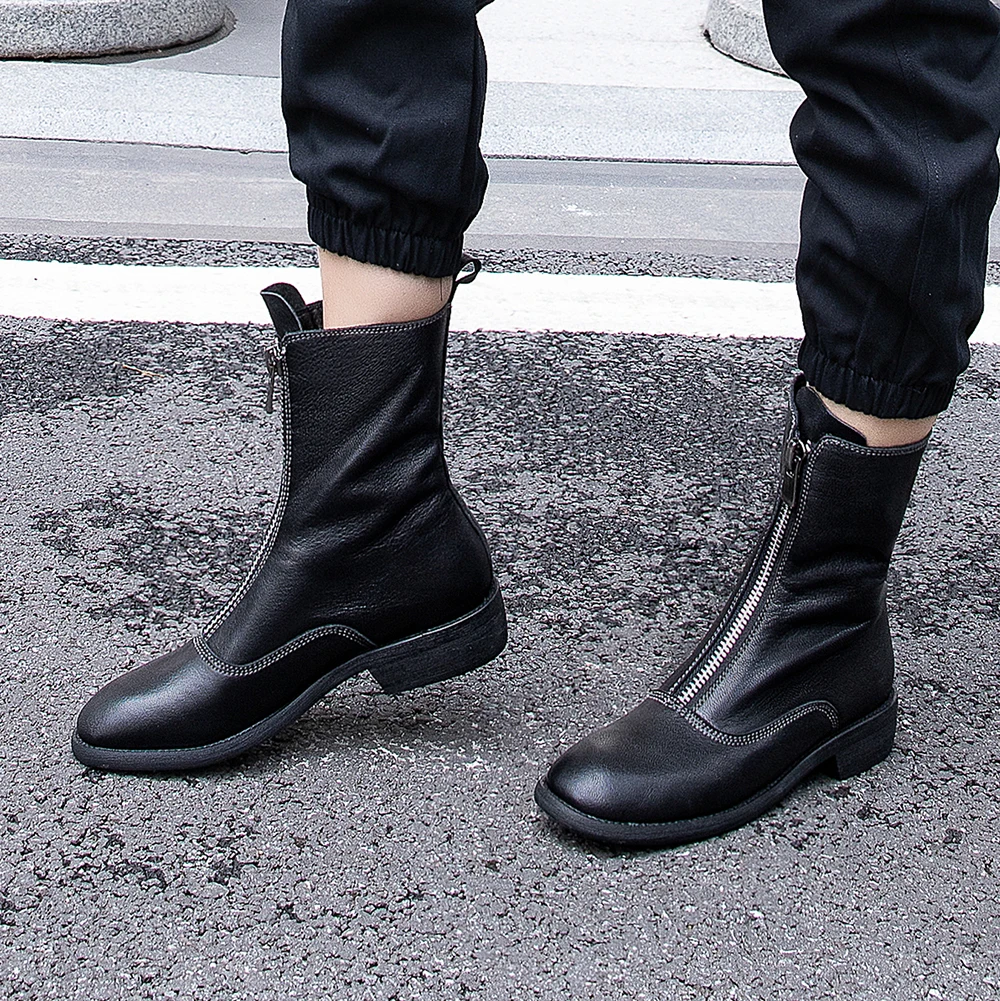 

Plus Size 34-43 New Fashion Genuine Leather Boots for Women Flat Mid Calf Boots Spring Autumn Women Boots Black Buckle Shoes