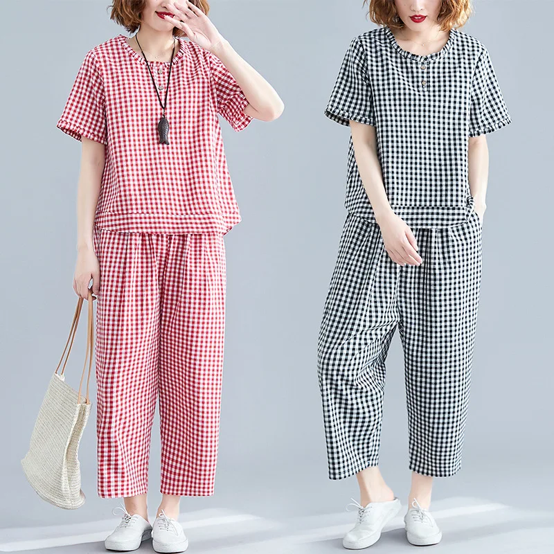 

Photo Shoot Summer New Style Cotton Linen Large Size Frilled Collar Retro Plaid Short Sleeve + Harem Pants