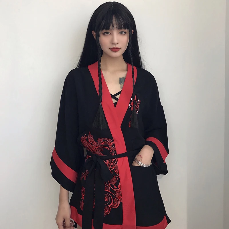 

Summer 2019 Traditional Japanese Kimonos Women Red Hanfu Cardigan Shirt Kimono Loose Yukata Kimonos Dress Asian Clothes SL1330