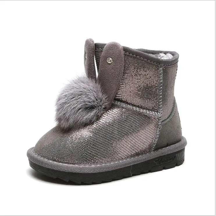 Детские зимние сапоги для девочек, натуральная кожа, мех, детская обувь, хлопковая обувь, новая бархатная обувь - Цвет: Серый