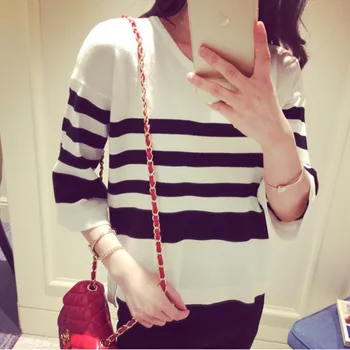 

2019 Spring And Autumn Korean Women Sweaters Black And White Striped Short Sleeve Loose Air Conditioning Pullovers 16804