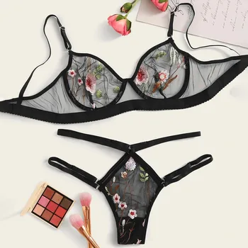 

Sexy Lingerie Set Women Transparent Lace Embroidery Bra Set Floral G-String Underwear Set Nightwear Bra And Panty Sets Z0616