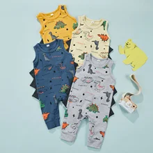 Barboteuse en coton pour bébés garçons, vêtements d'été, imprimé dinosaure, sans manches, col rond, combinaison imprimée d'animaux de dessin animé 