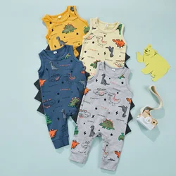 Barboteuse en coton pour bébés garçons, vêtements d'été, imprimé dinosaure, sans manches, col rond, combinaison imprimée d'animaux de dessin animé 