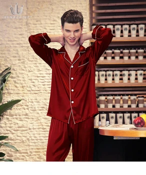 

SAMWESTART Men's Stain Silk Pajama Sets Atumn Spring Solid Color Men Pajamas Sleepwear Men Sexy Modern Cardigan Style Nightgown