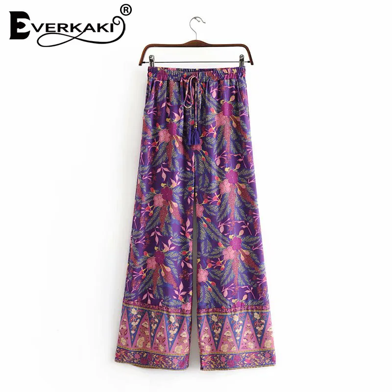 Everkaki женские штаны в стиле бохо с цветочным принтом и эластичным поясом, повседневные женские винтажные свободные длинные штаны для женщин, Новинка осени - Цвет: Purple