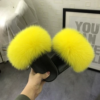 

Summer fashion fox fur slippers women's trend gradient fox fur slippers real wool slippers women's size slippers women
