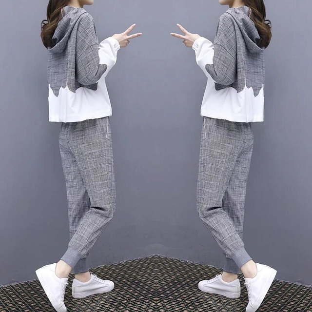 Two-piece Fashion Sports Suit Female 2021 Spring and Autumn New Korean  Style Hooded Loose and Thin Casual Two-piece Trend