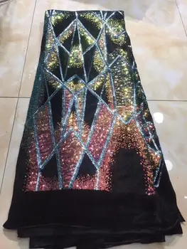 

2020 New Green Gold Velvet Lace Fabric With gold Sequins embroidered Velvet Lace fabric nigerian lace for wedding dress 5 yards