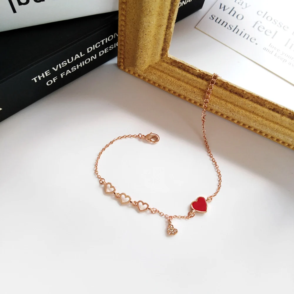 Women's Bracelets Red Love Rhinestones Bricelet Bangle Girl Heart Shaped Metal Chain Jewelry Accessories for Women