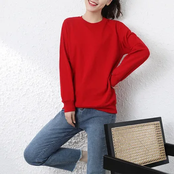 

2020 New women's top loose trendy simple round neck hoodless sweater lazy sweater red