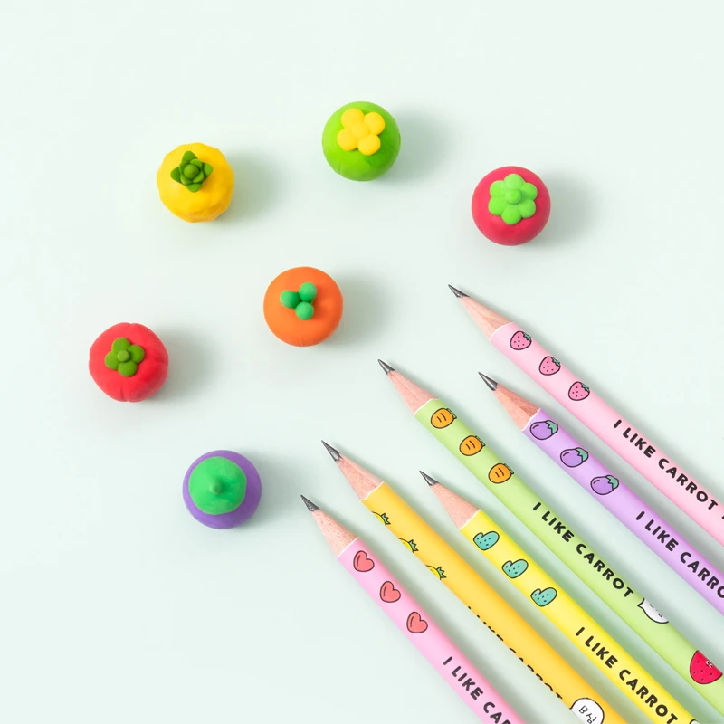 Conjunto de Lápis Bonito dos Desenhos Conjuntos Coréia Kawaii Lápis Estudante Papelaria Animados Frutas Legumes Borracha Combinação Crianças 5 4 5 conjuntos coréia kawaii lápis conjunto de