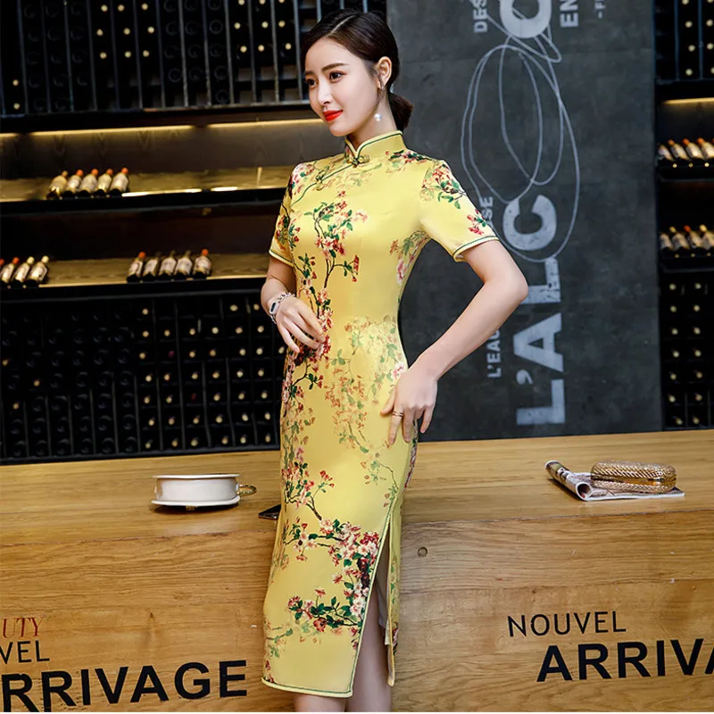 Sheng Coco 4 цвета желтый сексуальный тонкий классический Qipao новые цветы сливы Ципао для банкета китайское платье шелк плюс размер 4XL Винтаж Qi