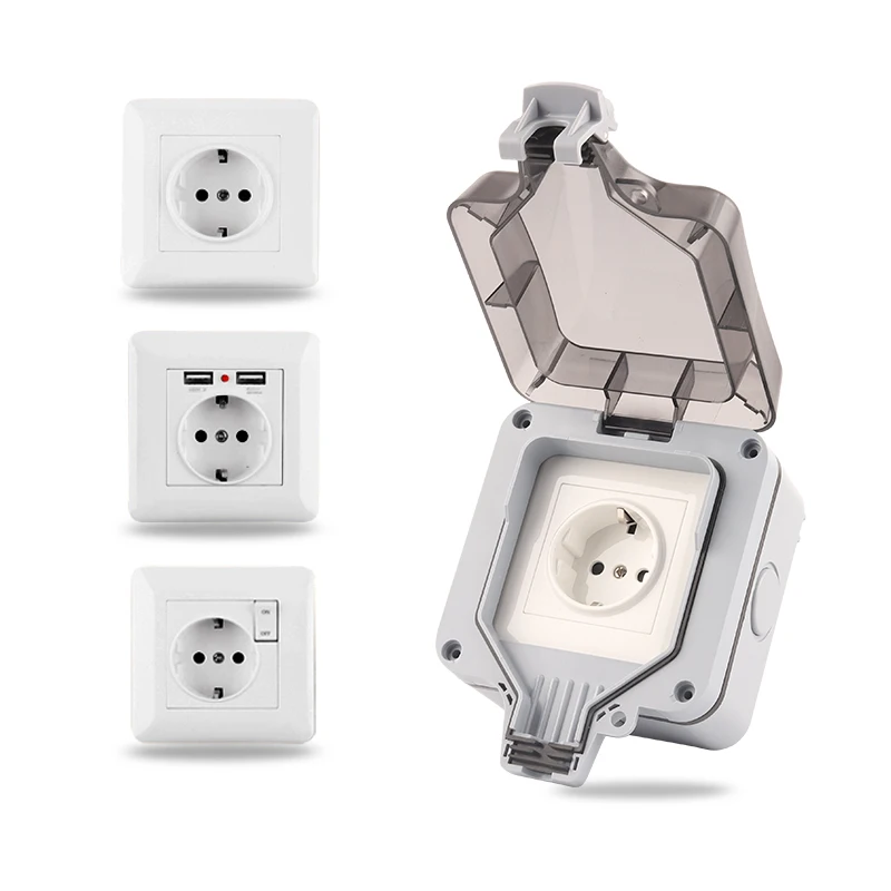 IP66 EU Germany Standard  Waterproof Outdoor Power Socket Wall Socket With Switch USB Outlet For Home Garden workshop 16A  250V