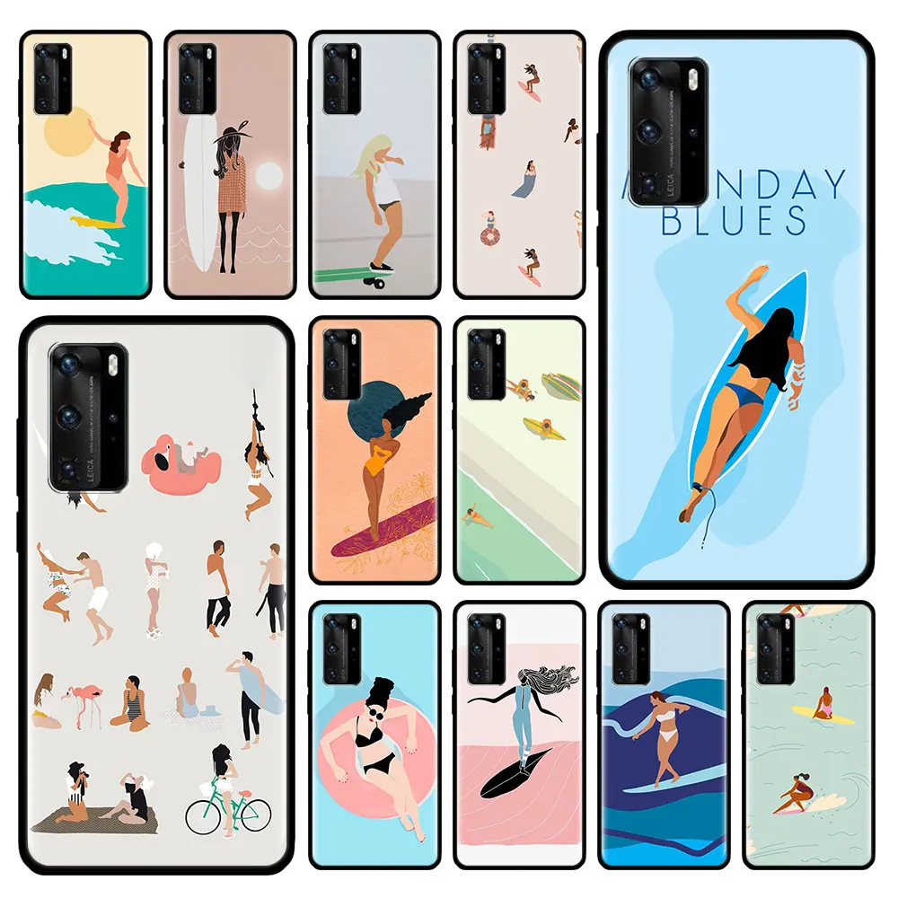 Чехол для серфинга девочек Huawei P30 P40 Lite P20 Pro P Smart S Z Plus 2019 Mate 20 мягкий черный чехол