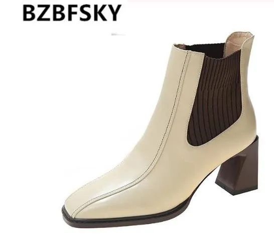 

2020 Spring Autumn High Quality Genuine Leather Boots Women Fashion Square Toe Ladies Ankle Boots for Women Square Heels