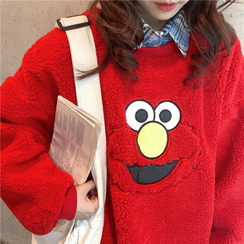 Cartoon Lambs Wool Hoodies Women O Neck Velet Thicken Sweatshirt Autumn Winter Warm Outwear Red Blue Long Sleeve Streetwear W250