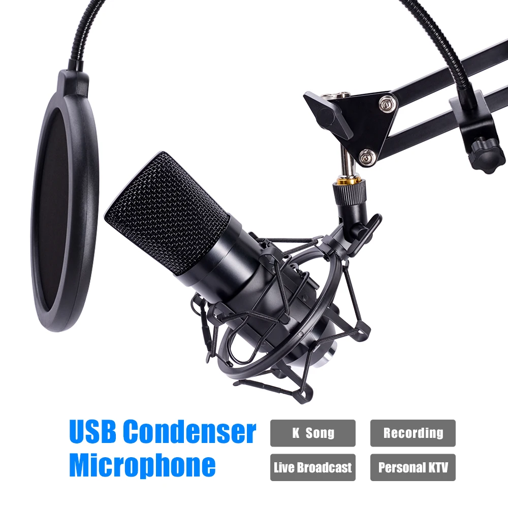 Lefon Condenser Microphone Set USB Plug Stand Studio Broadcasting Recording Microphone Kit Karaoke Mic For Computer Laptop Pc