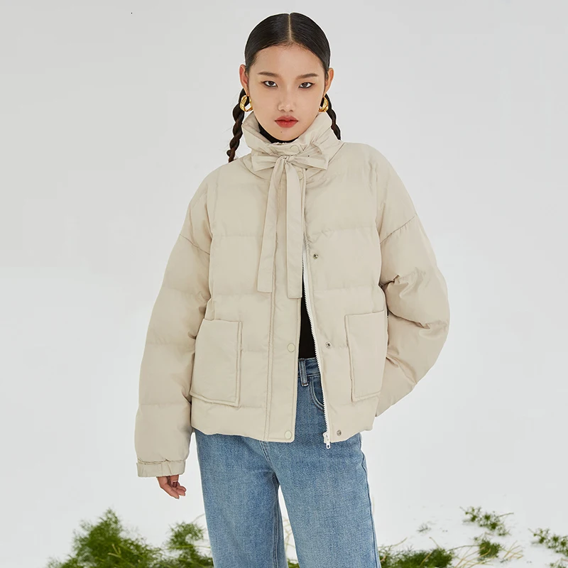 [EAM] Stand Collar Bow Big Size Cotton-padded Coat Long Sleeve Loose Fit Women Parkas Fashion Tide New Autumn Winter 1K956