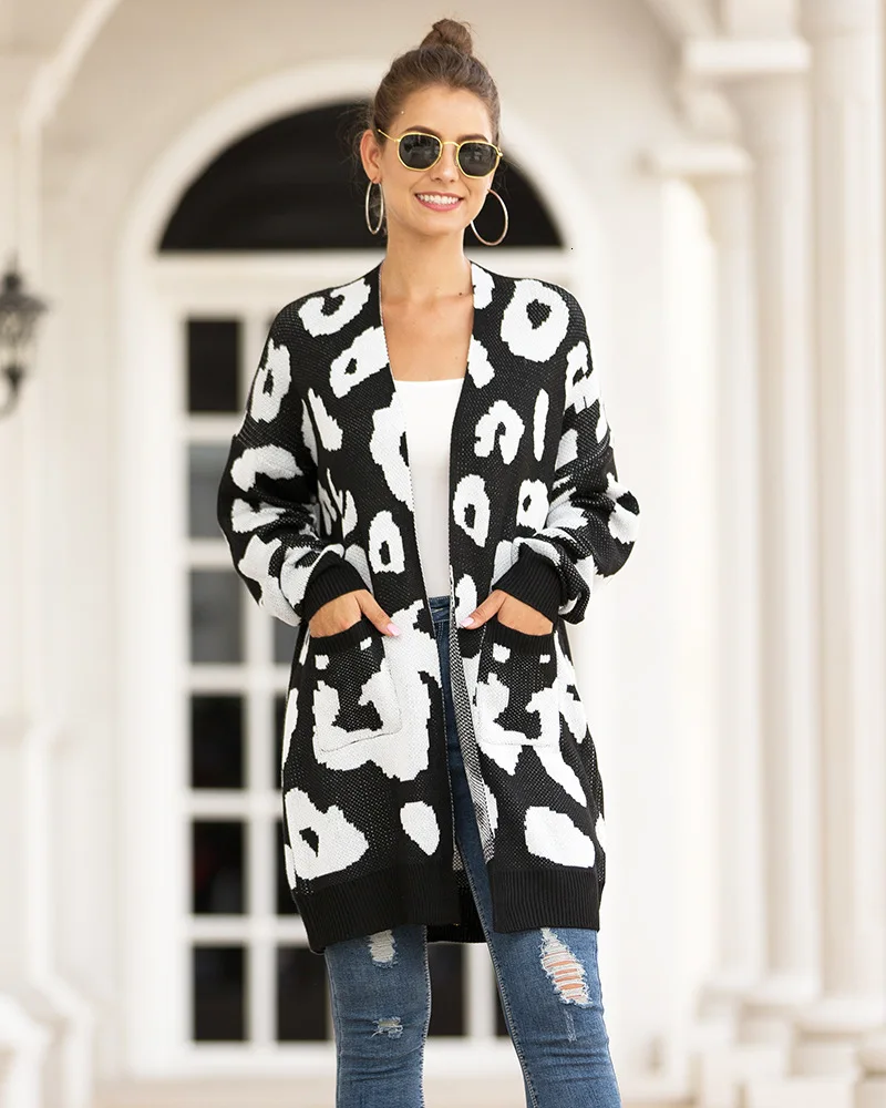 Sweater Girls Long Section Two Pocket Leopard Print Cardigan