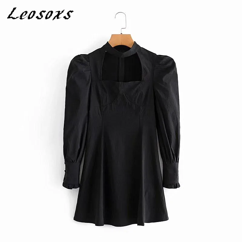 

Leosoxs French vintage Hollow Square Collar Puff Sleeve women dress slip-on zipper elegant black dresses 2020 Autumn New