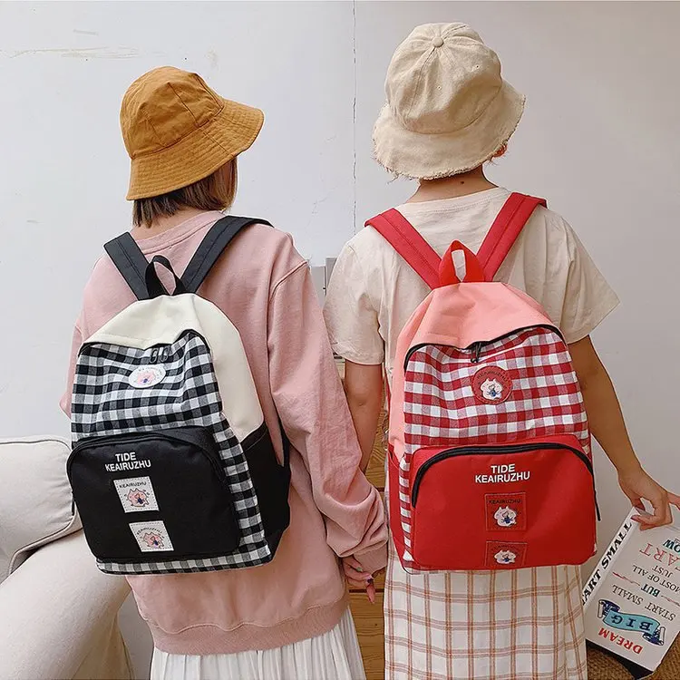 

Girl'S Heart Canvas Backpack Women's Japanese-style High School Students Backpack Vintage Sense Plaid Hipster Joint Schoolbag