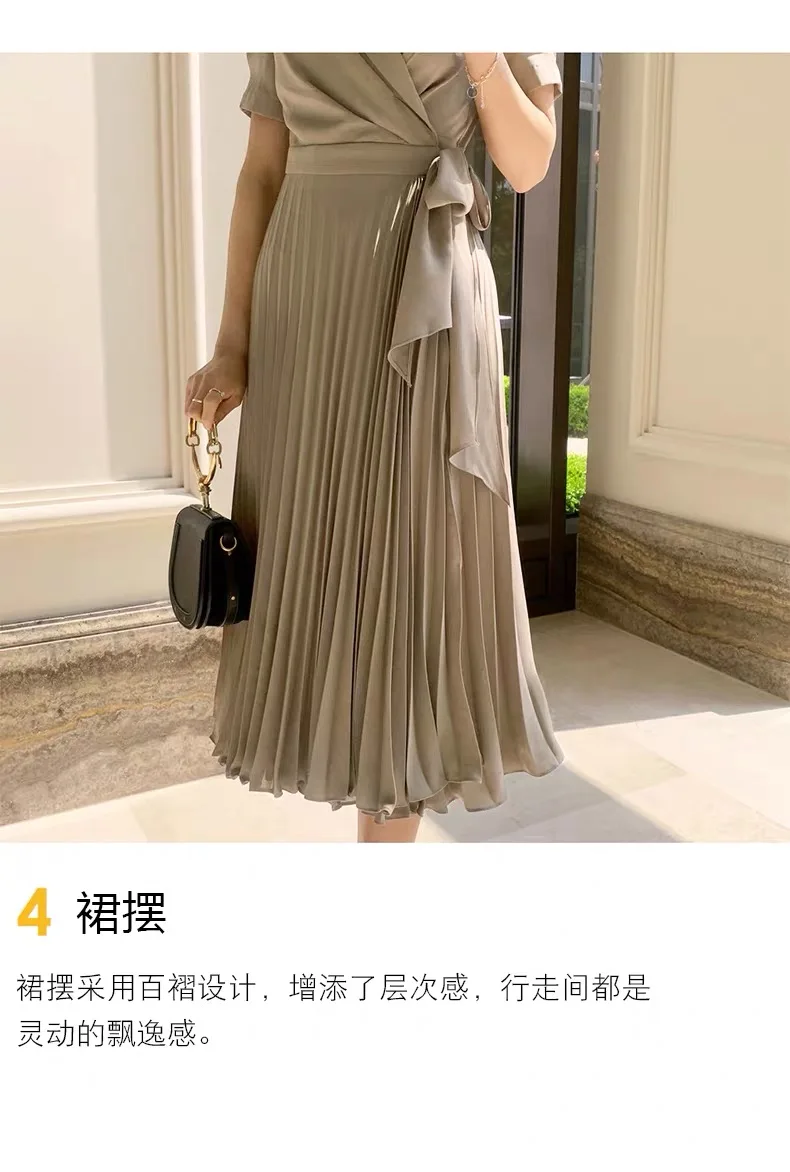 Korean Short Sleeve Pleated Women Dress Office Ladies Lace Up Notched Blazer Dress Adjustable waist Midi Dress 2020 Summer New