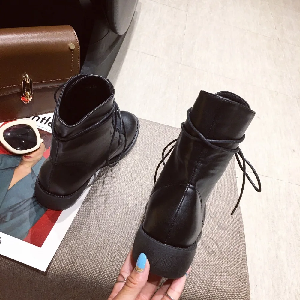Flat Heel Round Toe Lady Boots Women Shoes Autumn Luxury Designer Winter Footwear Boots-women Lace Up Low Heels booties Ladies