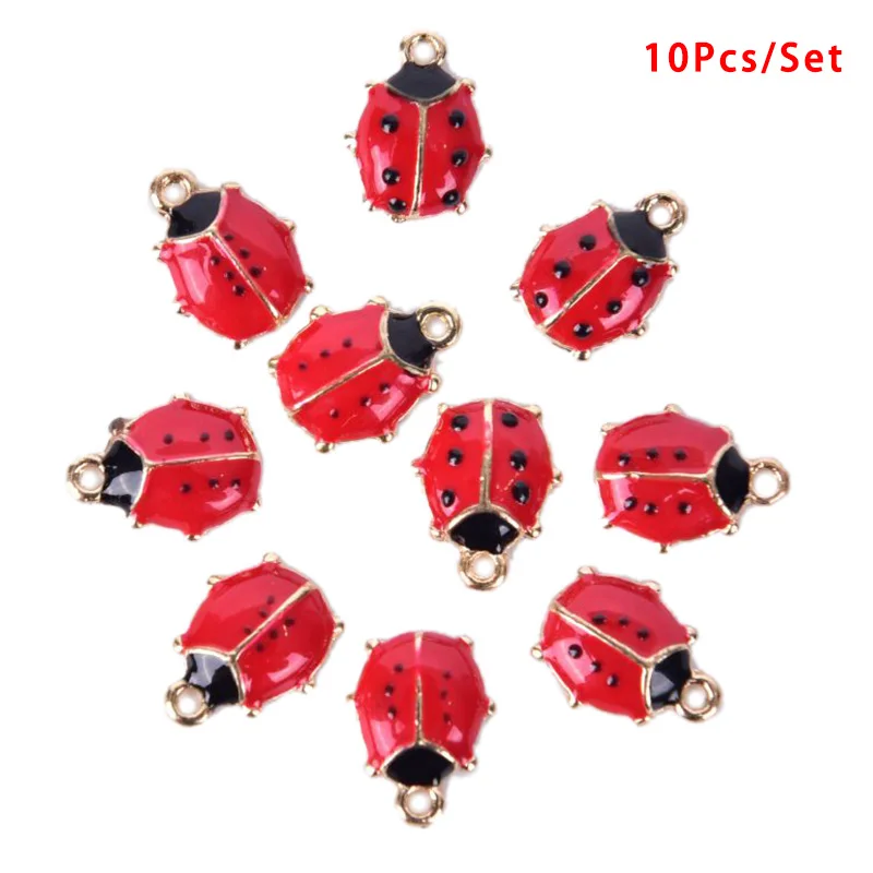 10PCS DIY Jewelry Gold Tone Red Enameled Ladybug Alloy Charms Bracelet Necklace Pendants Jewelry Accessories Hot