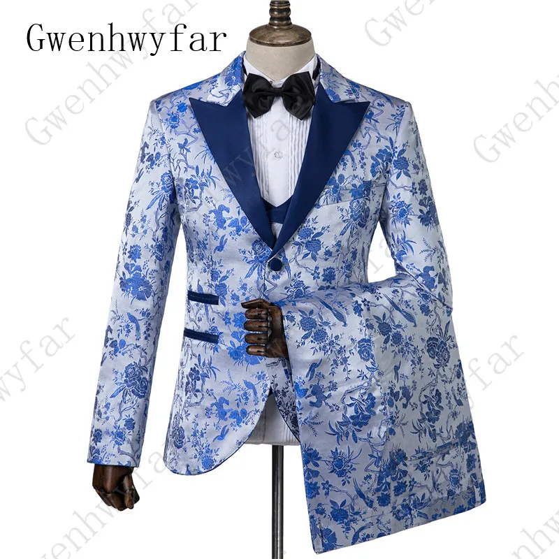 

Gwenhwyfar Flower Pattern Men's Suit Floral New Design Men Fashion Casual Tuxedos Men's Suits for Wedding 3 Set Terno masculino