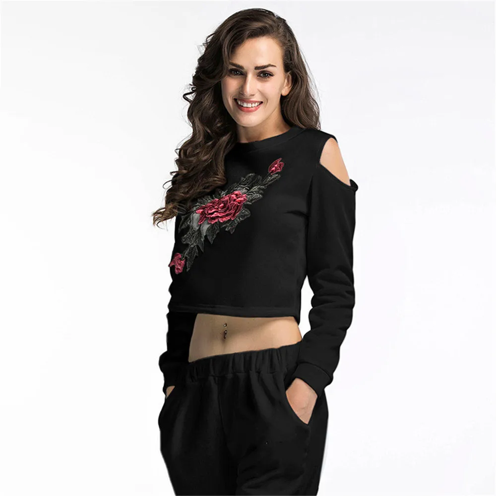 

2019 Spring and Autumn New Short Cropped Embroidered Flower Sweater Women Plus Velvet Strapless Long-sleeved Casual Hoodies