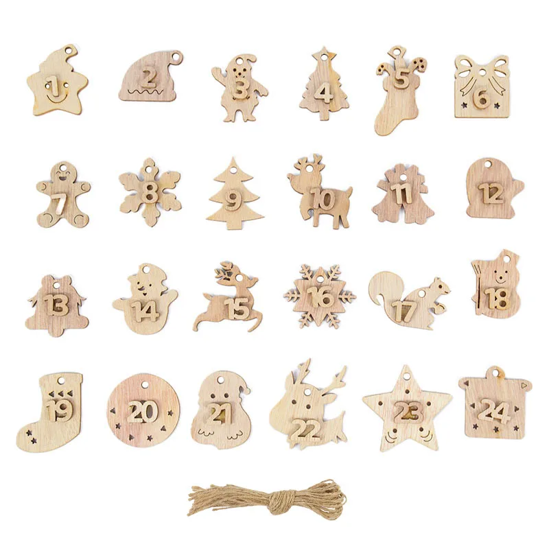 1-24 Numbers Christmas Advent Calendar Wooden Pendant Xmas Gift Bags Number Label Calendar Countdown Hanging Tags 2024 New Year