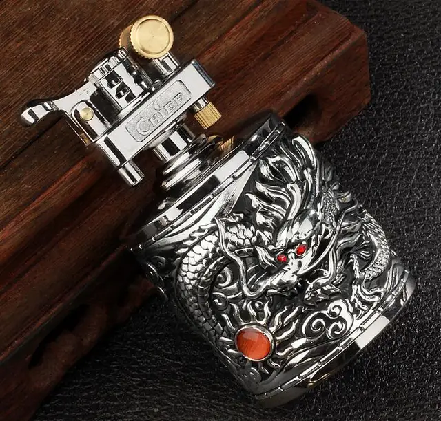 Big Size Metal With Leather Gasoline Cigarette Lighter Grinding Wheel Metal lighter Inflatable Tobacco Kerosene Carving Lighter color2