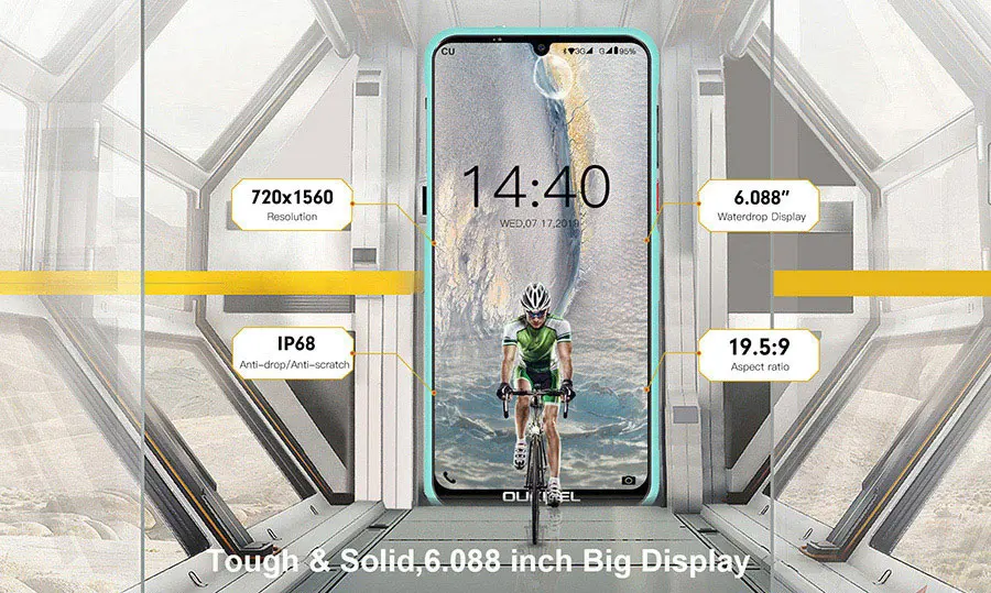 OUKITEL Y1000 6,08" Android 9,0 IP68 в виде капли воды, 19,5: 9 MT6580P 2 Гб оперативной памяти, 32 Гб встроенной памяти, 3600 мА/ч, Fingerprint смартфон 5 V/1A мобильного телефона