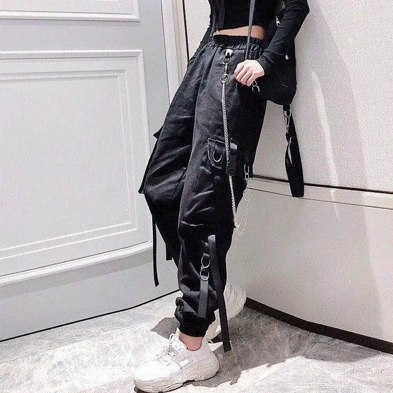 Cotton Cargo Pants Womens Sweatpants Baggy Chain Overalls Loose BF Straight  High Waist Casual Pants Black Ankle Banded Pants