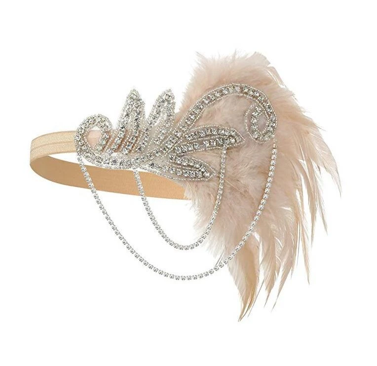 1920's Headband Costume Props Charleston costume accessories Nude Flapper Headpiece Great Gatsby feather beaded headband Chain cosplay