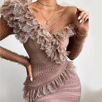 

Ordifree 2020 Summer Women Mini Party Dress Long Sleeve Mesh Polka Dot Ruffle Lace Short Sexy Bodycon Dress