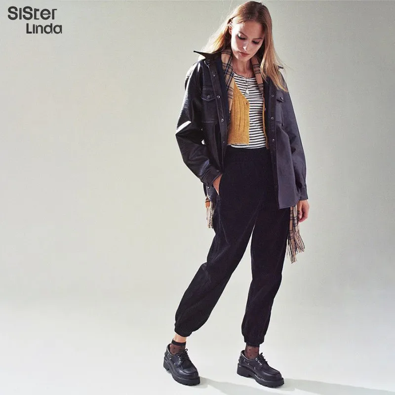 Sisterlinda модные вязанные женские брюки с высокой талией, свободные эластичные женские брюки Mujer, новинка,, Брюки с карманами - Цвет: Черный