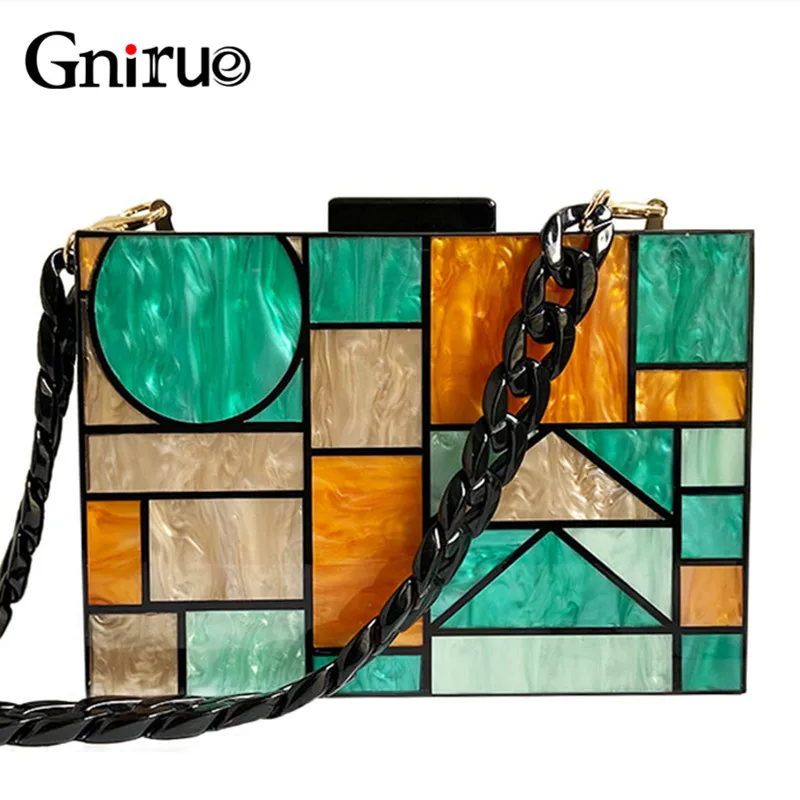  2019 New Brand Acrylic Patchwork Evening Bags Vintage Women Messenger Bags Geometric Pattern Clutch - 32953338695