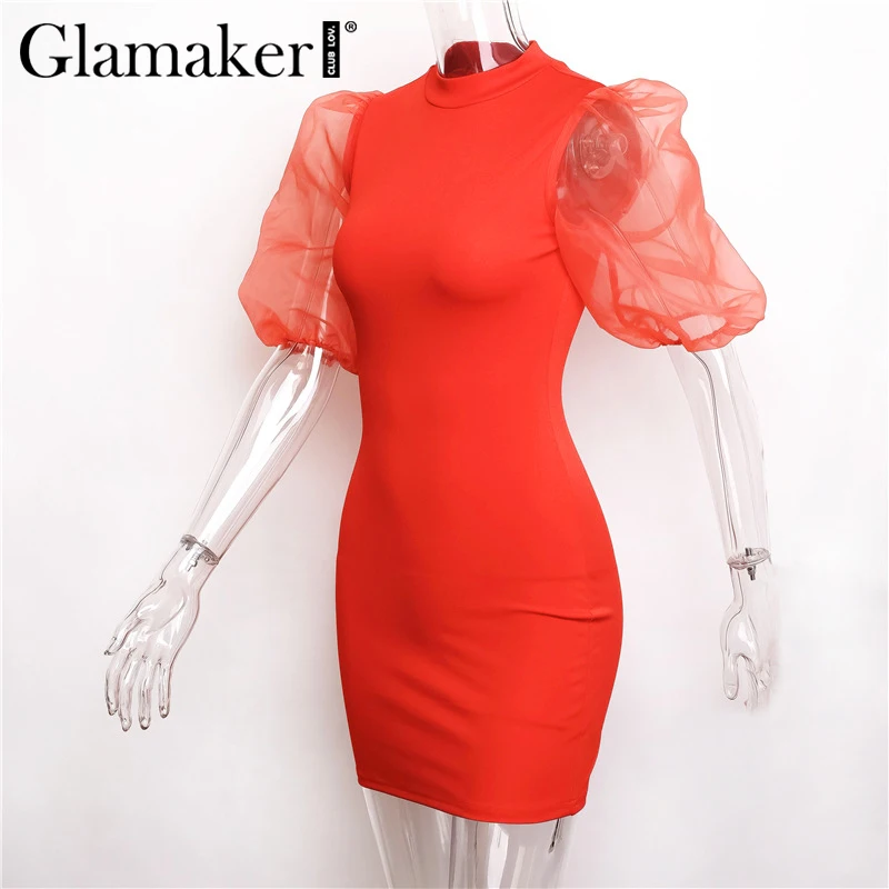 Glamaker Сетчатое лоскутное красное платье с пышными рукавами элегантные женские вечерние облегающее Черное мини-платье сексуальное Клубное летнее короткое платье с круглым вырезом