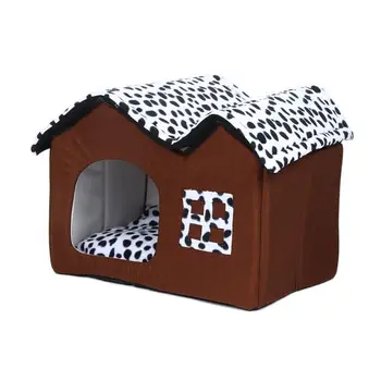 

Warm Pet Cat Dog House Cow Double Roof Dog Bed Portable Dog Cat Kennel Foldable Bed With Mats For Dogs Cats Ship From French HWC