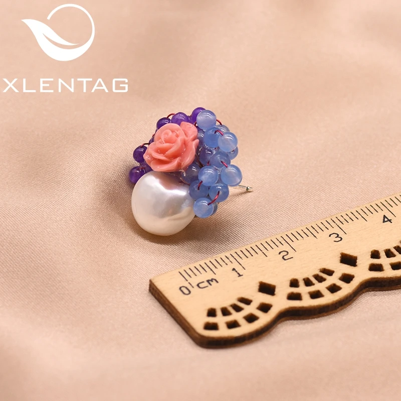 XlentAg натуральный жемчуг пресной воды серьги гвоздики для женщин цветок фиолетовый синий бусины ручной работы 925 серебряные серьги ювелирные изделия GE0415