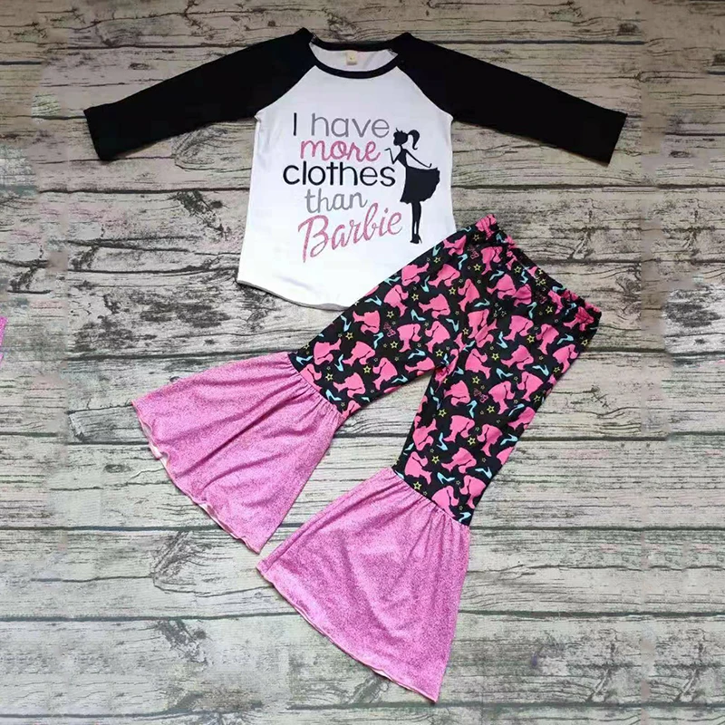 Топы с длинными рукавами для маленьких девочек+ розовые простые брюки-клеш; Эксклюзивная детская одежда; хлопковая осенне-зимняя одежда