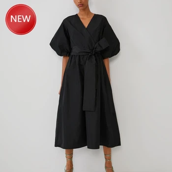 

Party Dress Black Loose Midi Dress Sashes Bow Half V-neck Women Long Dress Street Casual Puff Sleeve Spring Summer