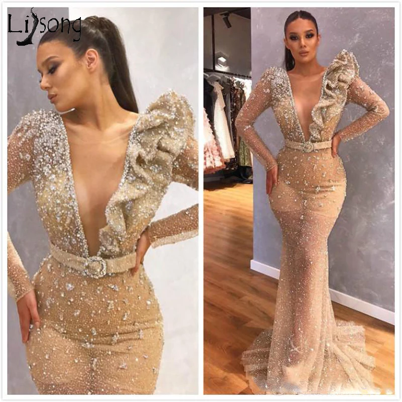 

See Through Mermaid Prom Dresses Long Sleeve Deep V Neck Beaded Sexy Illusion Evening Party Gown Formal Dress 2020 Custom Made