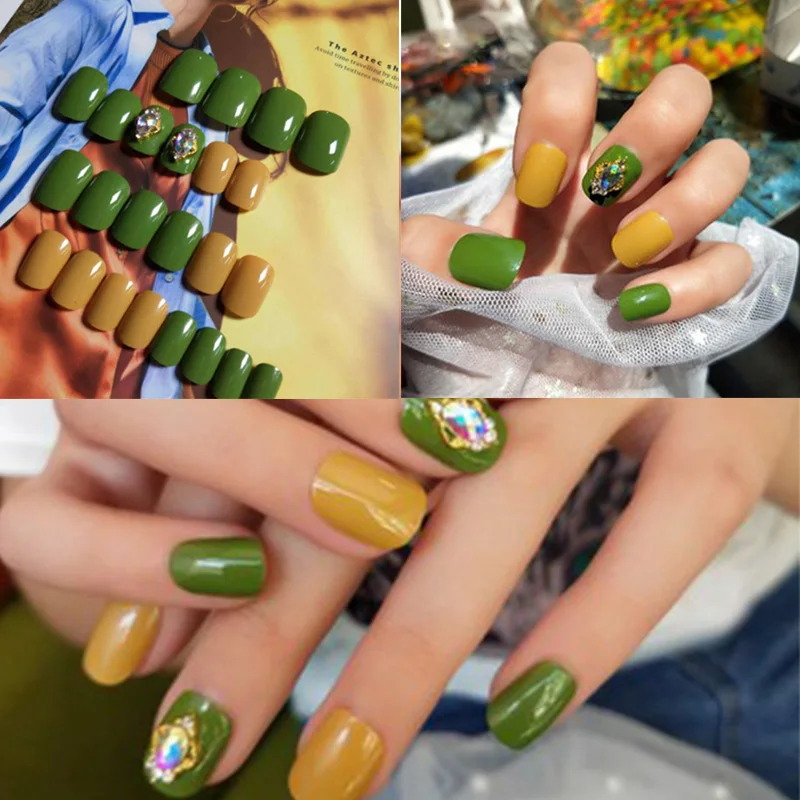 24Pcs Nails Patch Green and Yellow Nails Patch Artificial Nails Fashion Shining Finished Nails Patch Women Girl Ladies J3